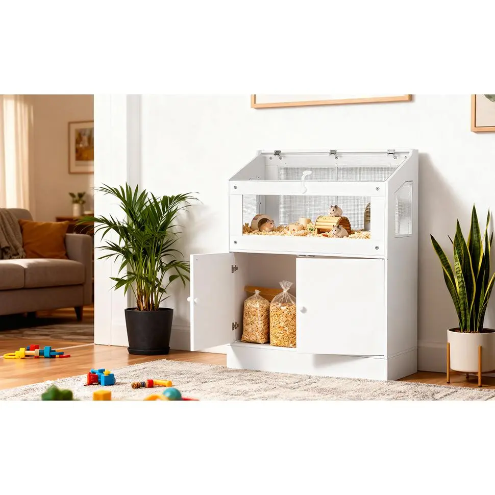 Acrylic Small Animal Cage with Storage Cabinet – Transparent Ventilated Habitat with Easy-View Panels for Hamsters, Guinea Pigs & Rats