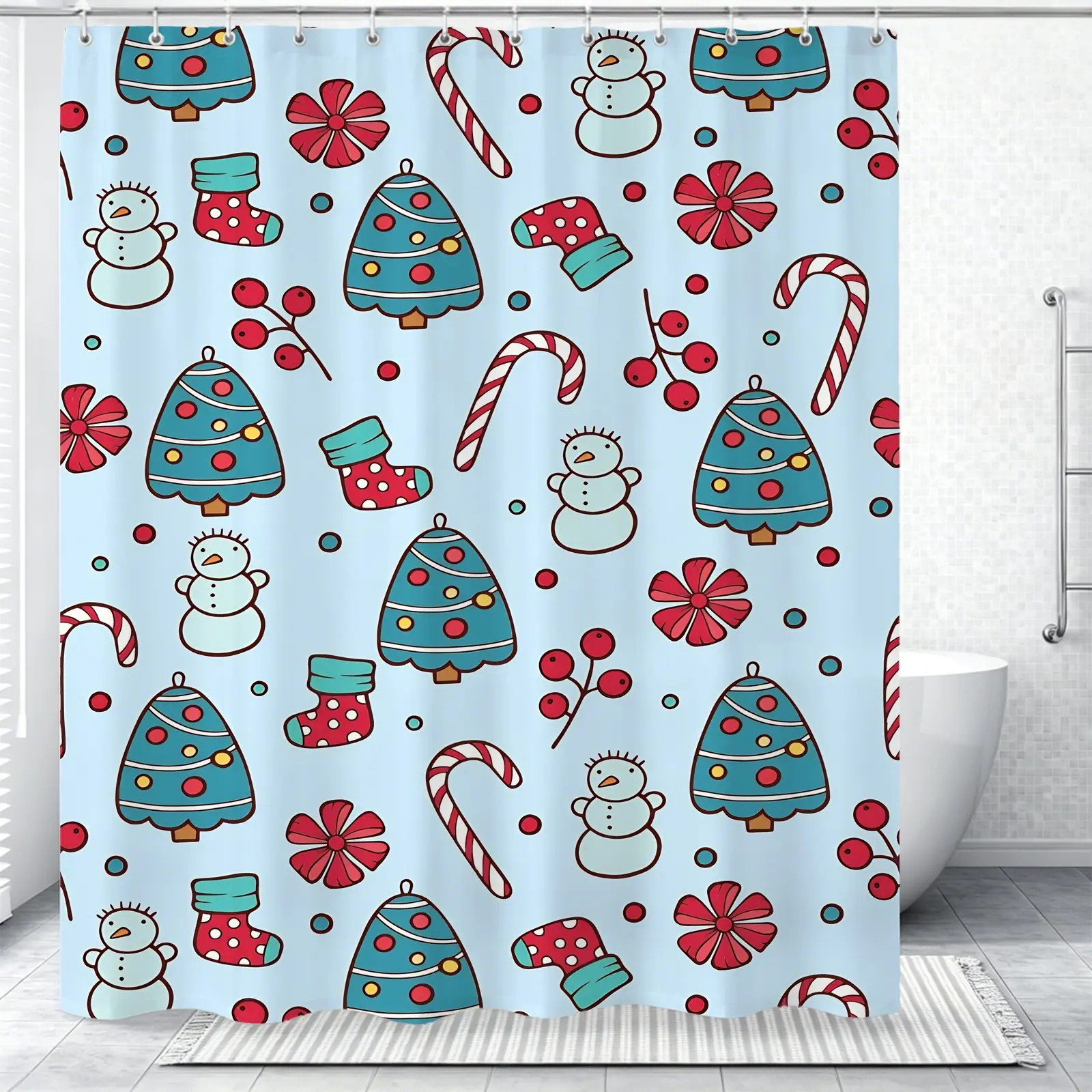 Christmas Cartoon Style Shower Curtain, Retro Festive Decor, Waterproof Fabric, Easy to Install, Perfect for Home, Hotel, Dorm Bathroom Decoration, Adds Warm Holiday Vibe to Your Bathroom