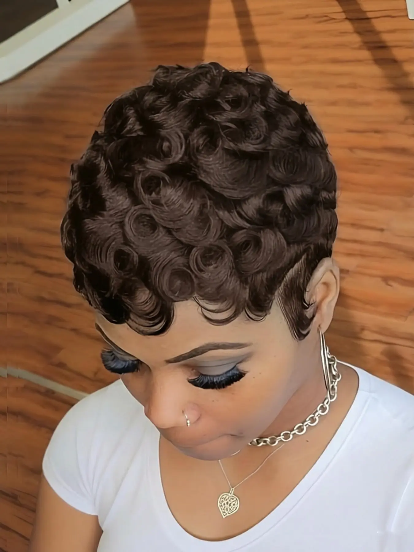 pixie Human Hair Pixie Cut Wig  Short Curly Wavy Wig with Bangs, Density Natural Black Color, Rose Net Cap for Women, Elegant Style for Daily Use, Short Hair Wig, Stylish Hairpiece