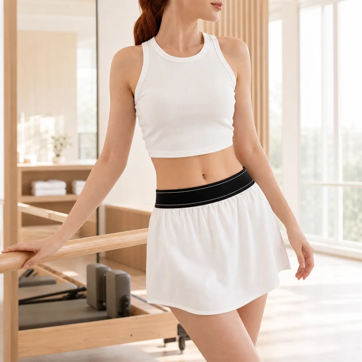 Women's Minimalist 2-Piece Matching Activewear Set - Ribbed Knit Crop Top with Rounded Neckline, A-Line Skirt with Double White Stripe Elastic Waist for Fitness, Tennis, Crop Tops