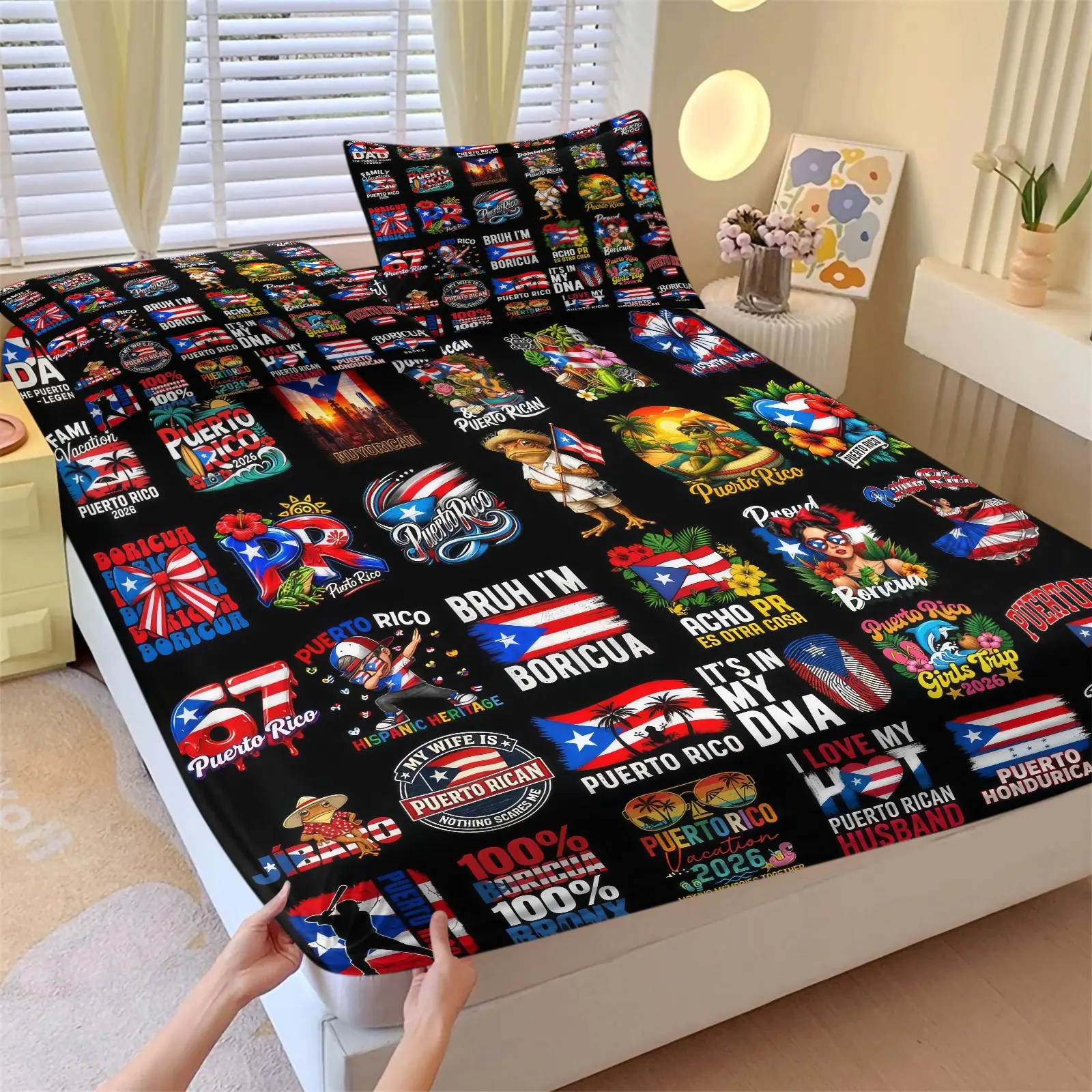 Puerto Rico Boricua Patriotic Fitted Sheet Set, Hispanic Culture Bed Sheets Set, 1 Fitted Sheet & 2 Pillowcase No Filling, Soft Fabric Bedding Set for Puerto Rican Adults Bedroom Guest Room Daily All Season Decor