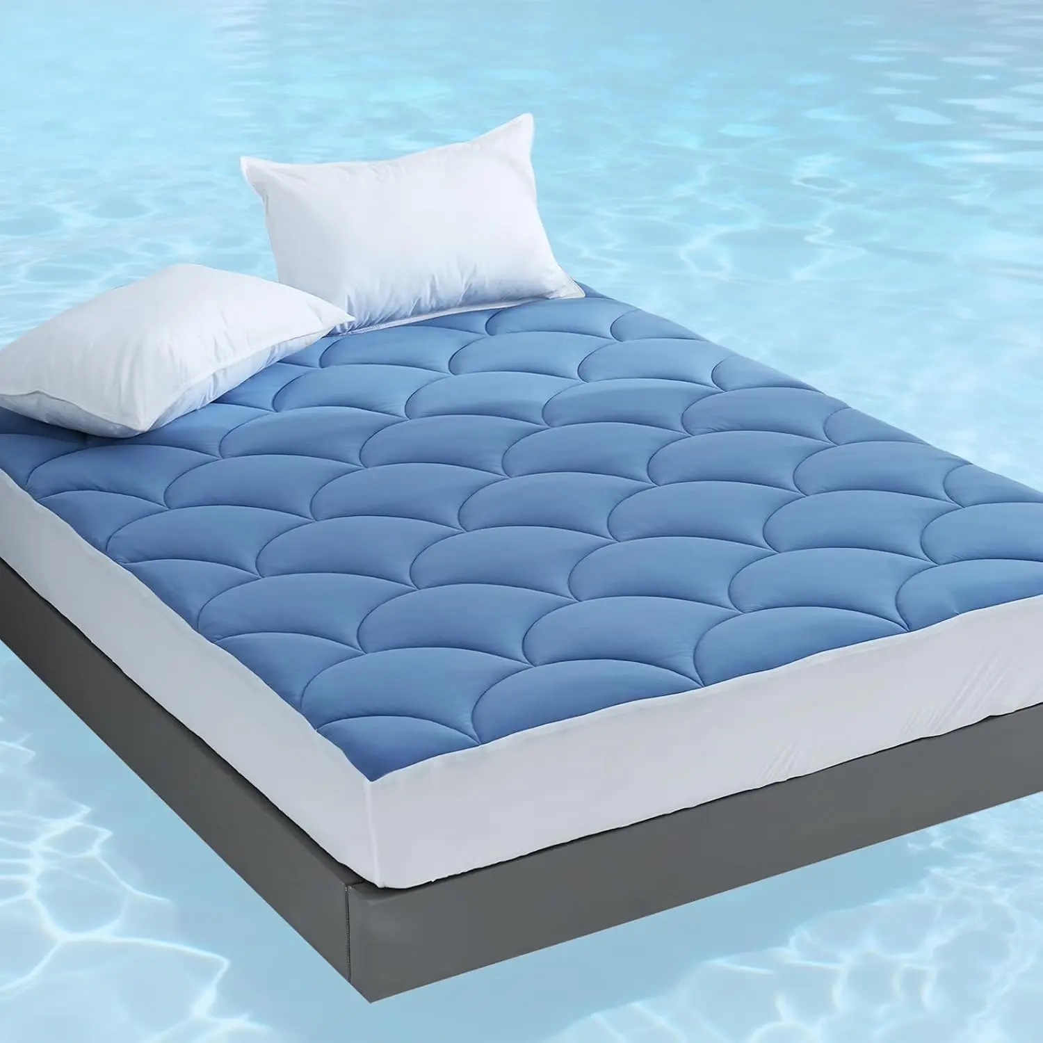 Queen Size Cooling Mattress Pad, Cool Mattress Topper for Hot Sleepers, Soft Breathable Noiseless Pillow Top Cover, Quilted Fitted Bed Pad for 8''-16'' Deep, 500GSM (Sea Blue)
