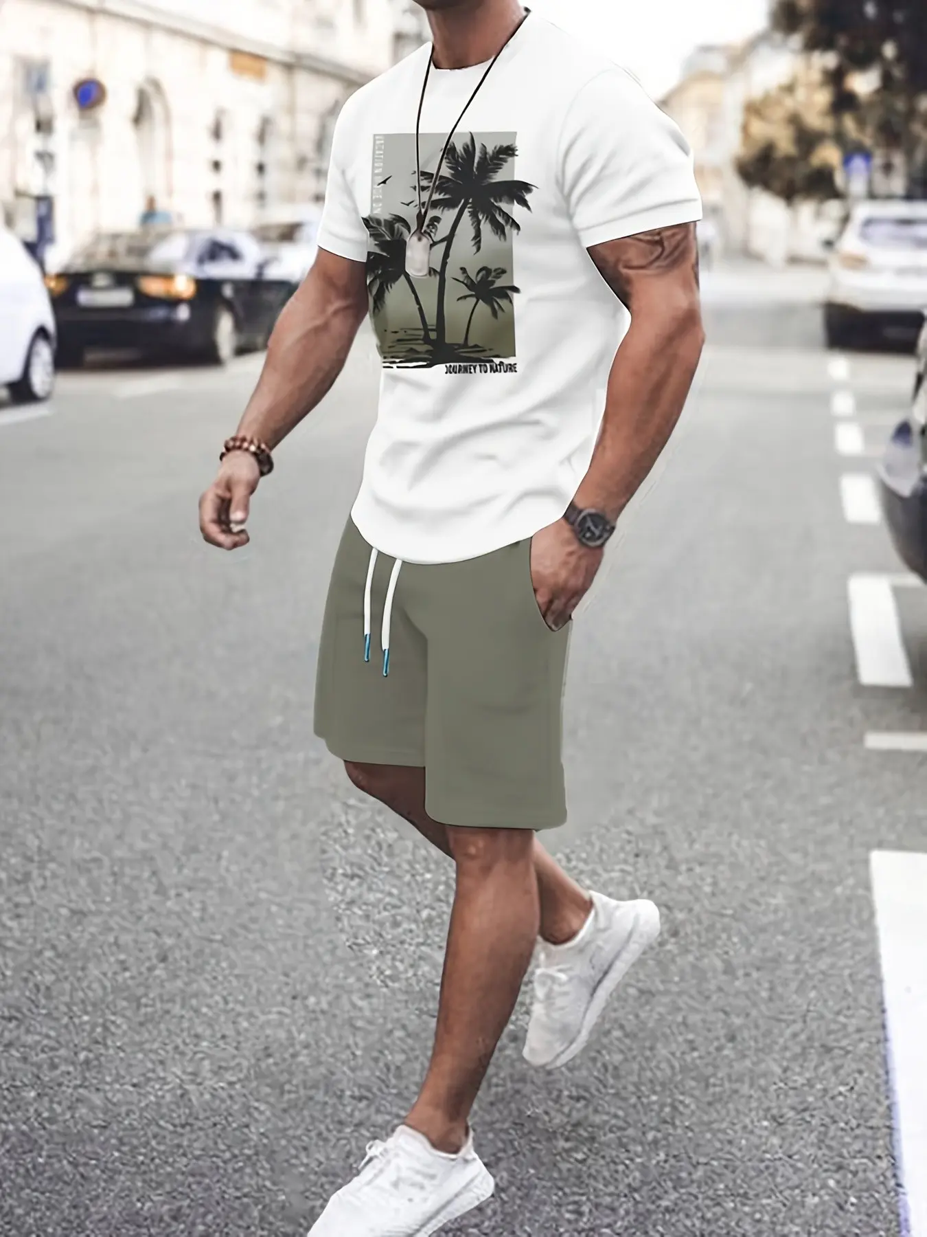 Men Loose Vacation Beach 2 Piece Outfit Solid Coconut Tree Square Landscape Print Breathable Crew Neck Tee Drawstring Sports Casual Top Shorts Set