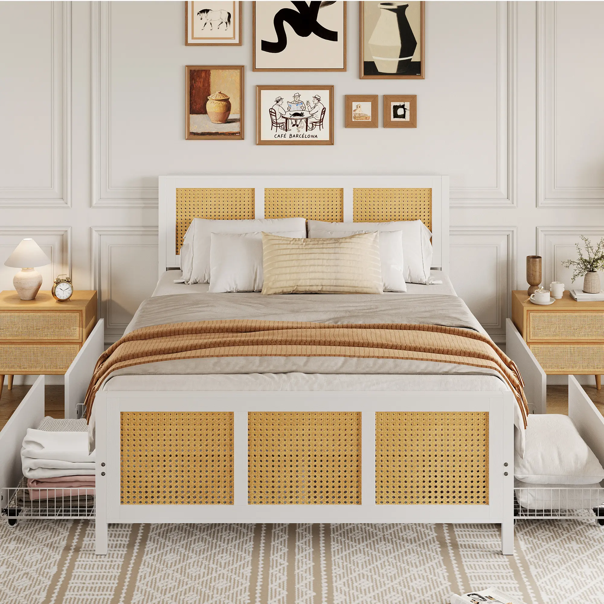Boho Rattan Full Platform Bed Frame with 7-Color LED Headboard – 4 Large Storage Drawers – Sturdy, Noise-Free Metal Slats – No Box Spring Needed – Easy Assembly – ideal for Bedroom Furniture