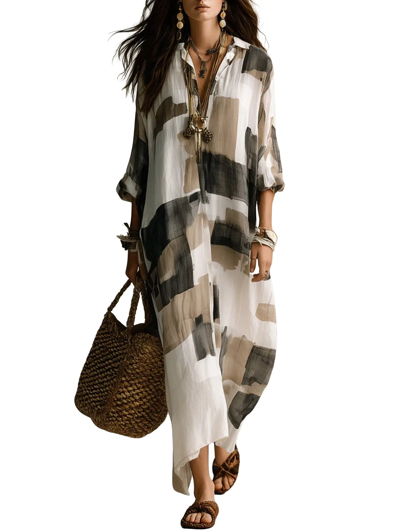 Women's Button Long Shirt Dress, Neutral Geometric Pattern, Loose Fit, Bohemian Summer Fashion, Casual Beach Coverups, 2026 Trendy