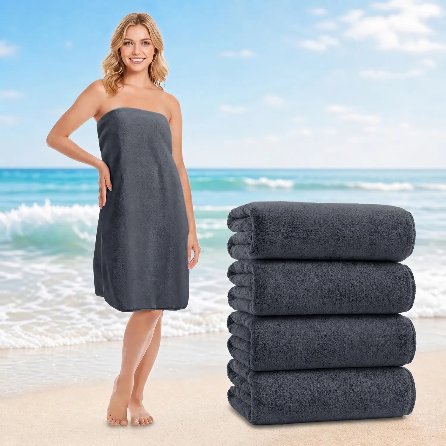 4 Packs Bath Towels Set, 27"x54" ultra soft bath sheets. Made for hot weather—lightweight, highly absorbent, and fast drying. Breathable microfiber feels cool against the skin. Ideal for family, hotel, or gym. Stay fresh and comfortable all summer