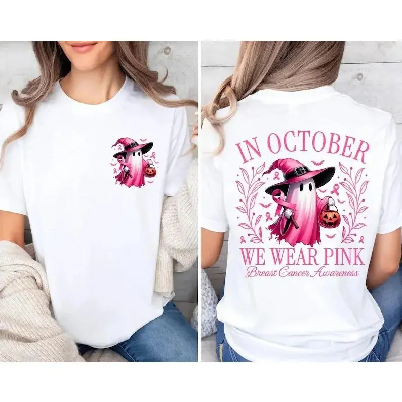 In October We Wear Pink Ghost Shirt, Halloween in October We Wear Pink, Breast Cancer Awareness Shirt,  Pink Ribbon Shirt, Wear Pink Pumpkin PGS0018