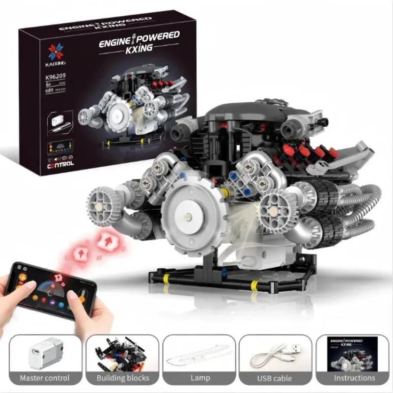 V8 Electric Engine Building Kit, Programmable Phone Remote Control with Lights, Interactive Educational Toy for Boys, Birthday Gift Box