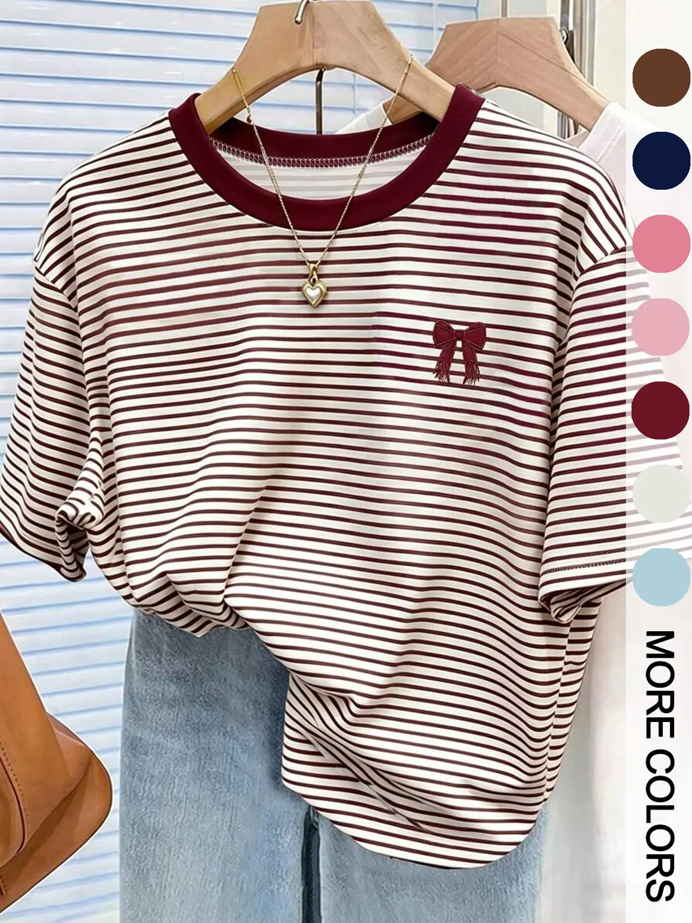 Women's Striped Heart Embroidery Round Neck Short Sleeve T-Shirt, Summer Casual Top, Left Chest Simple Heart Design, Loose Fit