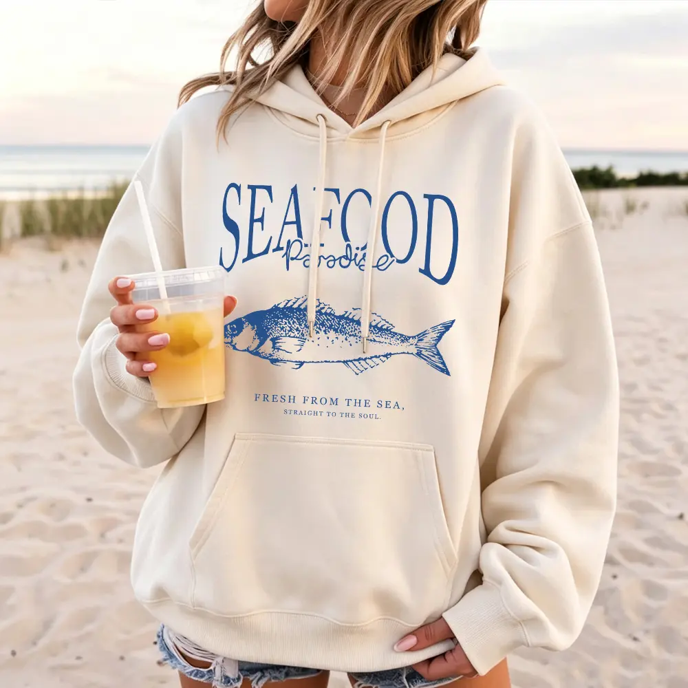 Unisex 100% Cotton Oversized Hoodie | Vintage Seafood Fish Graphic Sweatshirt, Retro Coastal Heavyweight Pullover, Preppy Beach Vibe Hooded Top
