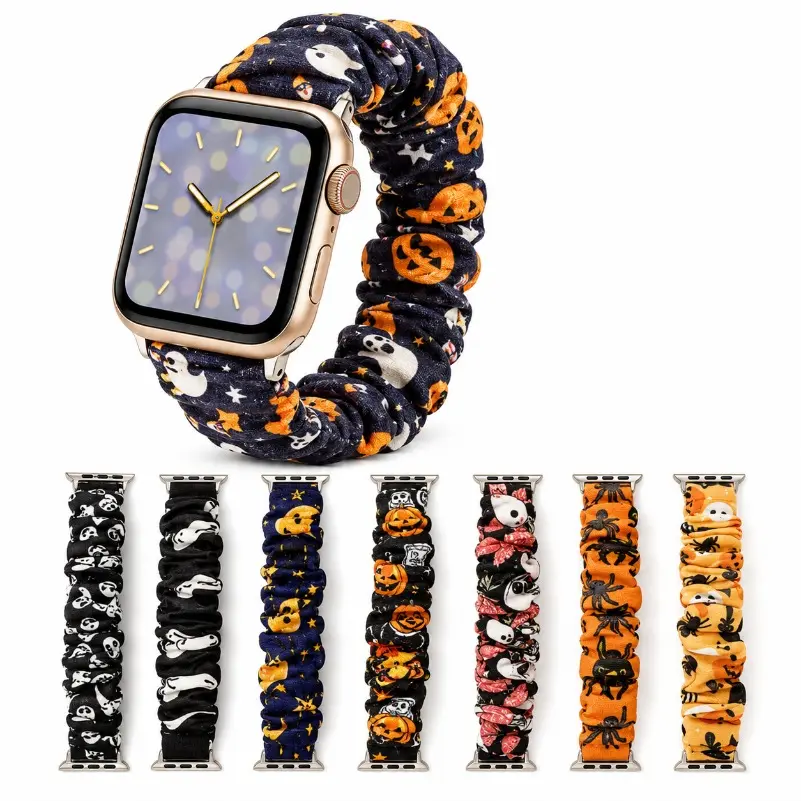 8pcs Halloween Scrunchie Watch Bands, Unisex Stretchy Fabric Straps for 22mm Smartwatches - Wristbands for Parties & Daily Wear