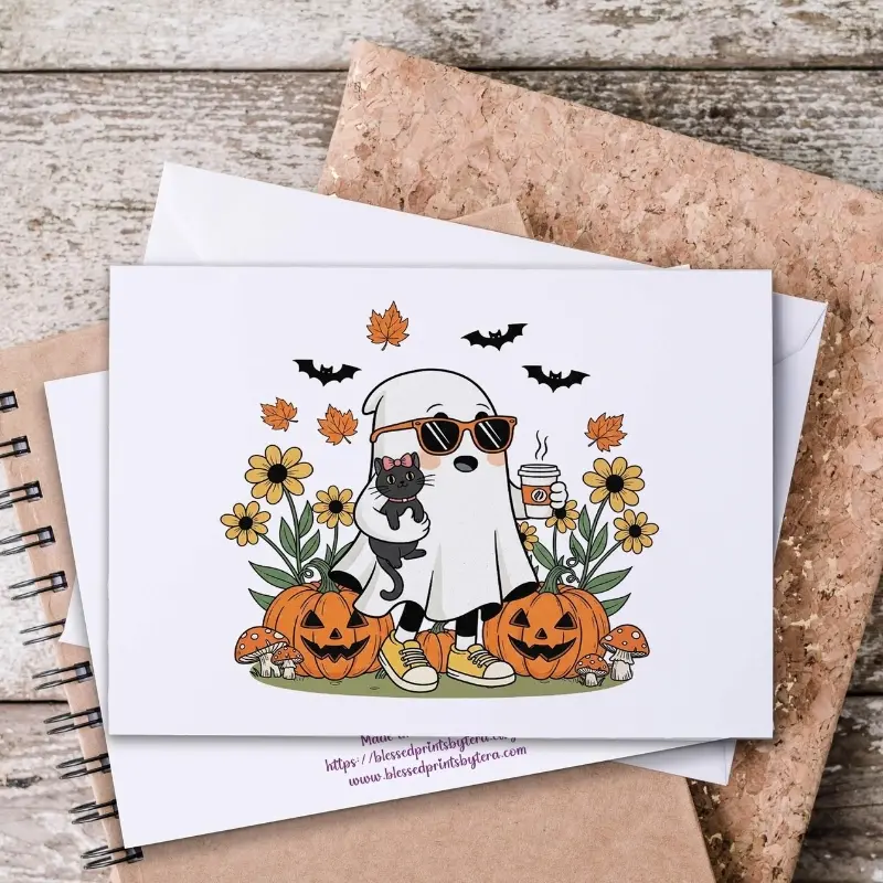 2pc+2envelope Kawaii Ghost Coffee Notecards, Spooky Birthday Card