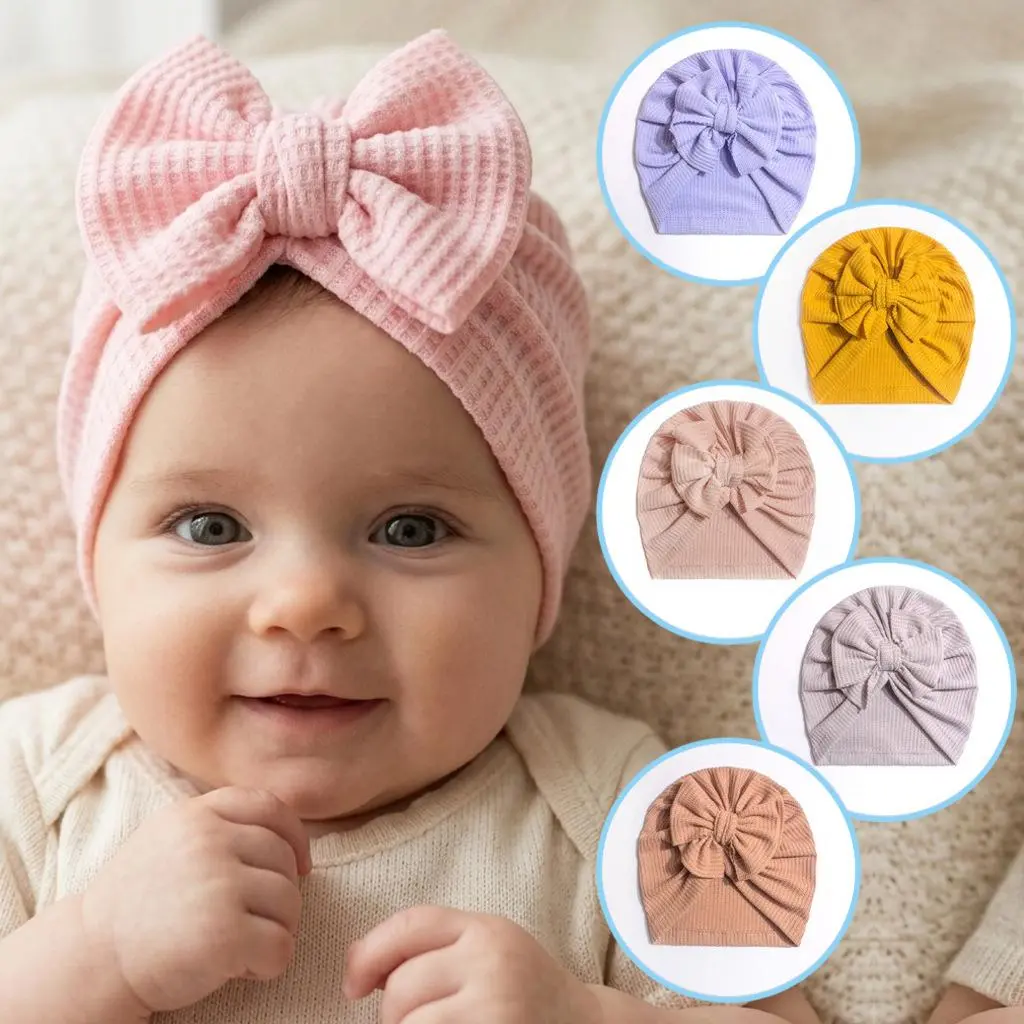 Turban Hat with Big Bow Soft Waffle Ribbed Knit Newborn Beanie Caps Elastic Stretchy Infant Headwrap for Toddler Girls Autumn Winter Daily Photo Props, Baby, Headband, Soft Knit, 0 - 3 Months, Fashion Headbands, Ribbed Waffle, Sporty Sports Headbands