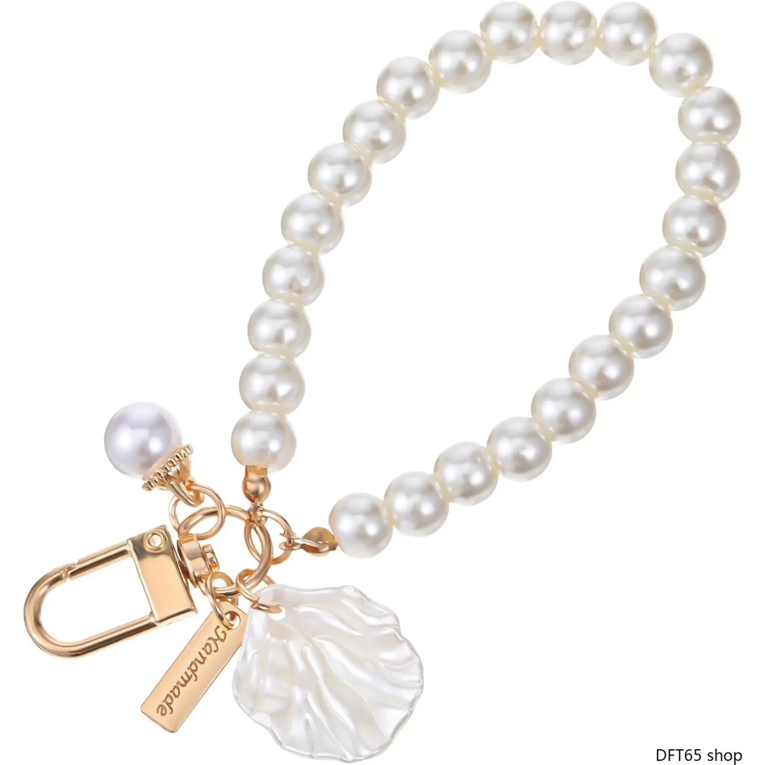 Imitation Pearl Shell Ribbon Wristlet Keychain Smooth Round Pearl Strand Soft Fabric Knot Detail Light Flexible Strap For Women Handbag Purse Key Daily Elegant Gentle Style Portable Multi Purpose Hanging Accessory