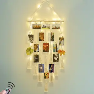 Hanging Photo Display Wall Decor, Macrame Wall Hanging Boho Room Bedroom Decor, Picture Frame Collage Board with Light 30 Clips, Christmas Gifts for Teenage Girls Ages 10-14 Years Old