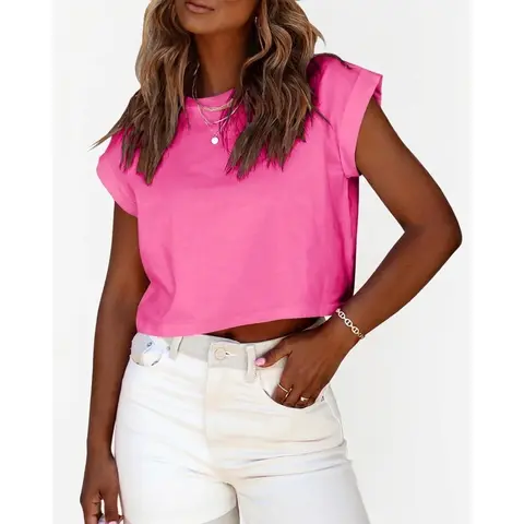 Women's Casual Solid Crop Top - Relaxed Fit Crew Neck Cotton Blend T-Shirt with Rolled Dolman Short Sleeves, Soft Fashion Apparel for Party, Back to School Outfits