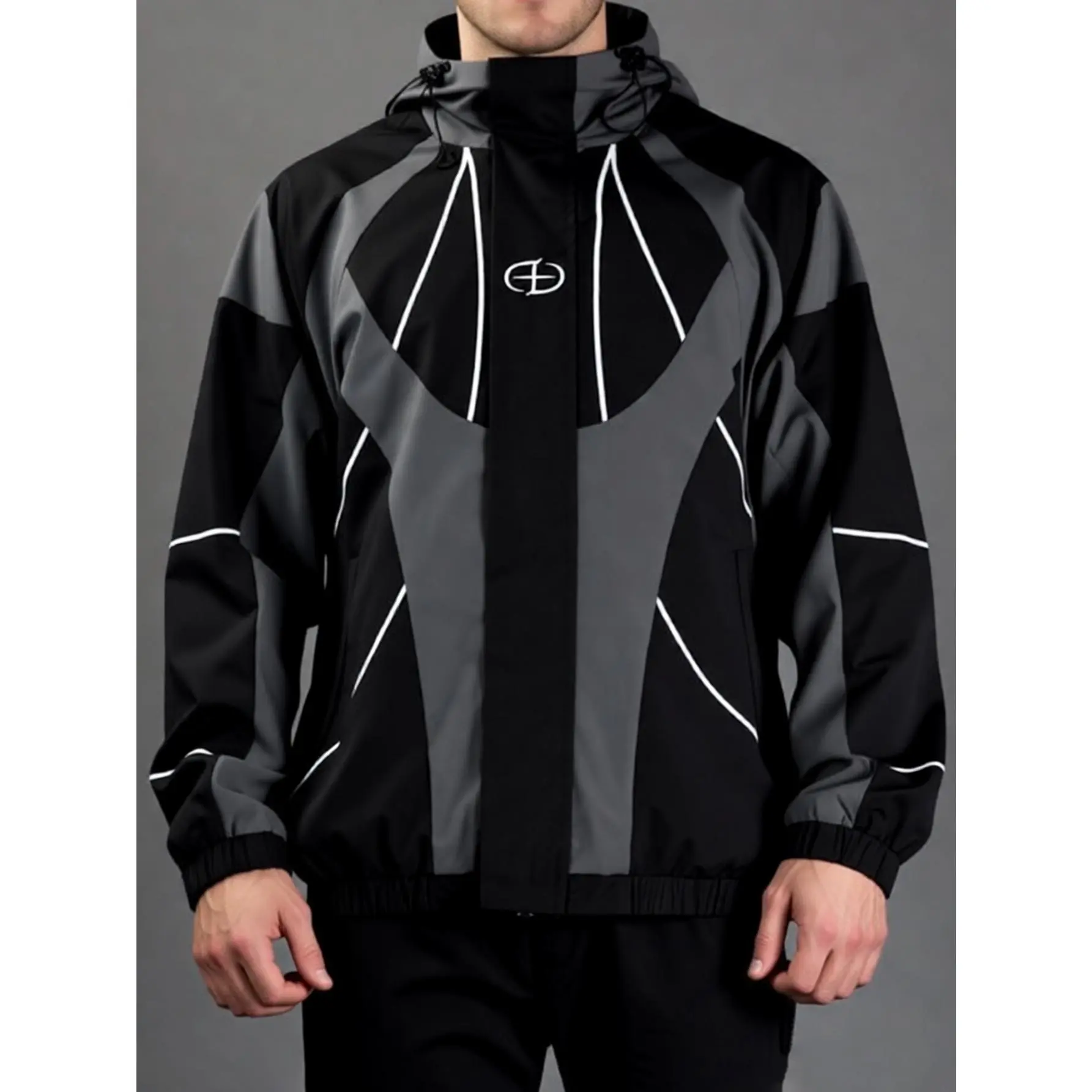 Men's Windbreaker Jacket With White Piping Strips Cyberpunk Techwear Hooded Coats Contrast Colorblock Panels Geometric Logo Print Activewear Running Hiking Outerwear Streetwear Harajuku Y2K Full-Zip Light Weight Tops clean Lightweight stylish casual fall