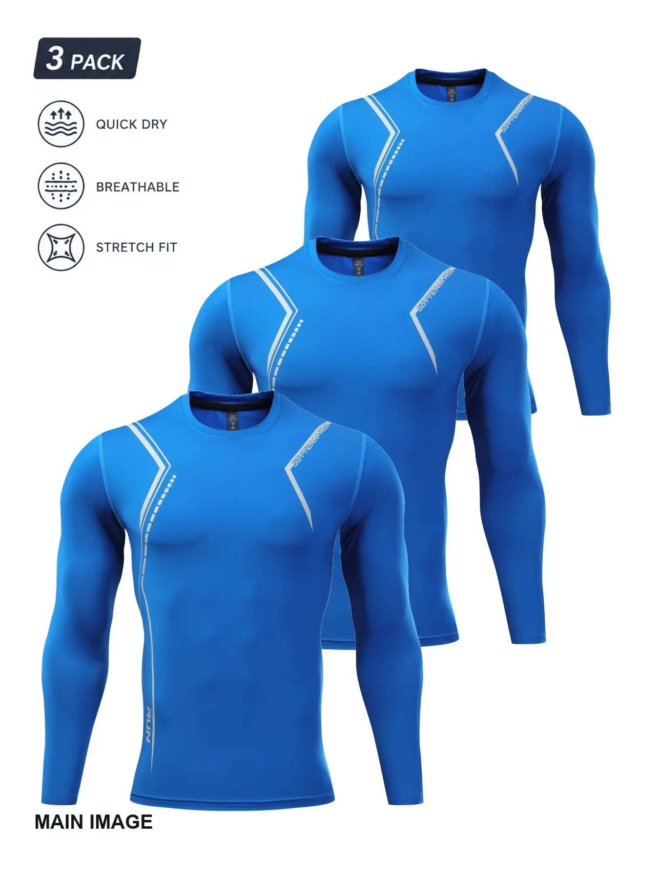 3-Pack Men’s Long Sleeve Compression Shirts, Blue Quick-Dry Breathable Stretch Athletic Base Layer Tops with Asymmetric Geometric Print for Gym, Running, Football and Training