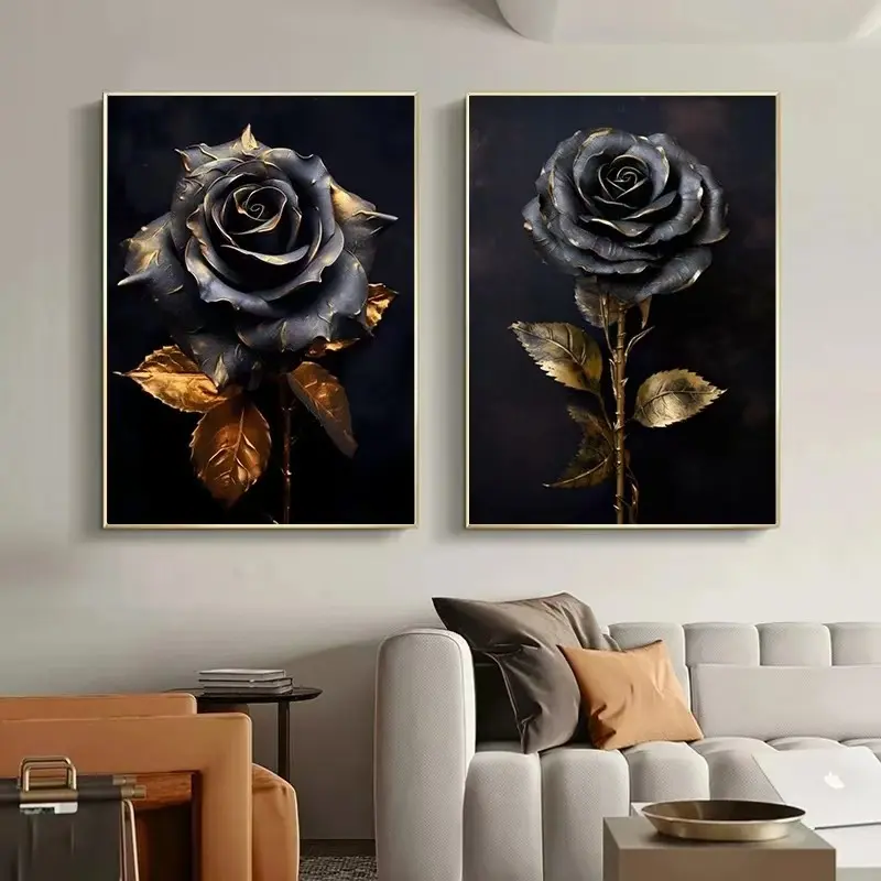 2pcs Black Gold Flowers Nordic Modern Living Room Canvas Oil Painting Home Decoration Aesthetics Artwork Wall Frameless Poster Picture Room Hanging Painting