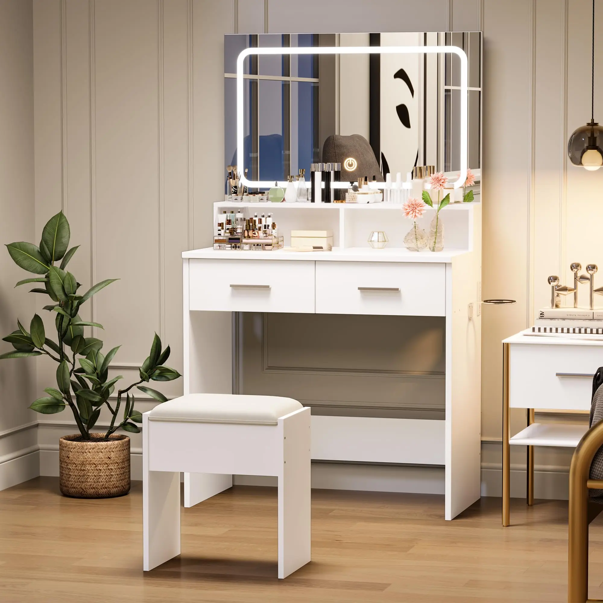 Vanity Set with 3-Color Adjustable LED Mirror, Small Makeup Desk with Power Outlet and 2 Drawers, Modern Dressing Table and Cushion Stool Set for Bedroom(32''x16''x54'')