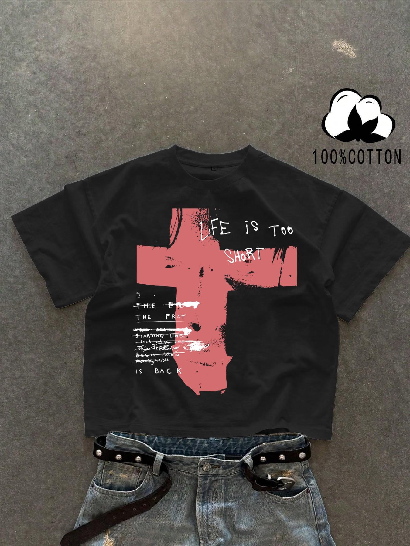 Unisex 100% Cotton Short Sleeve T-Shirt, Cross Graffiti Print, Y2K Dark Gothic Street Style, Casual Daily Wear, Loose-Fitting, Long Length