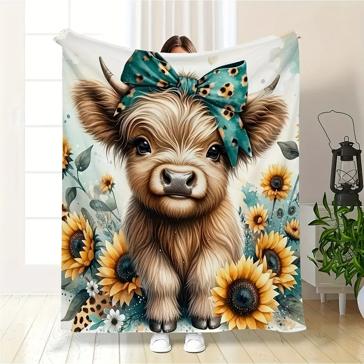 Floral Sunflower Highland Cow Fleece Blanket,Rustic Boho Farmhouse Decor Throw Blanket,Super Soft All Season Couch Bed Blanket,Unique Birthday Holiday Gift For Her Cow Lover Friends,Home Essentials For Bedroom Living Room,Back To School,College Dorm Haul