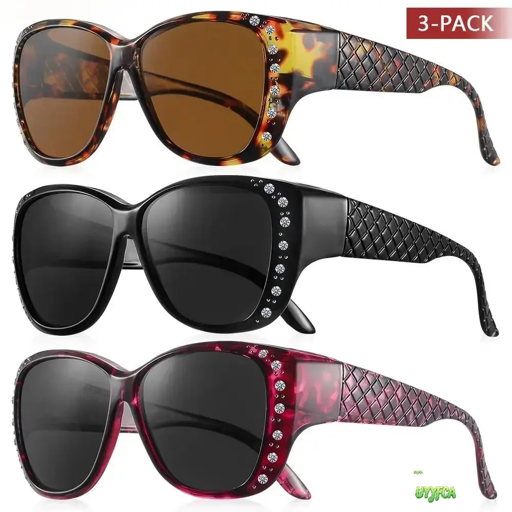 3-Pack Fit Over Sunglasses for Women, Chic Oversized Full Rim Frames with Rhinestones, Lightweight Polarized Lenses for Driving & Fishing, 3Pcs, Chic Look, Lightweight And Comfortable, Outdoor, Secure Fit, Uv400, Stylish Shades, Trendy Styling Sunglasses,