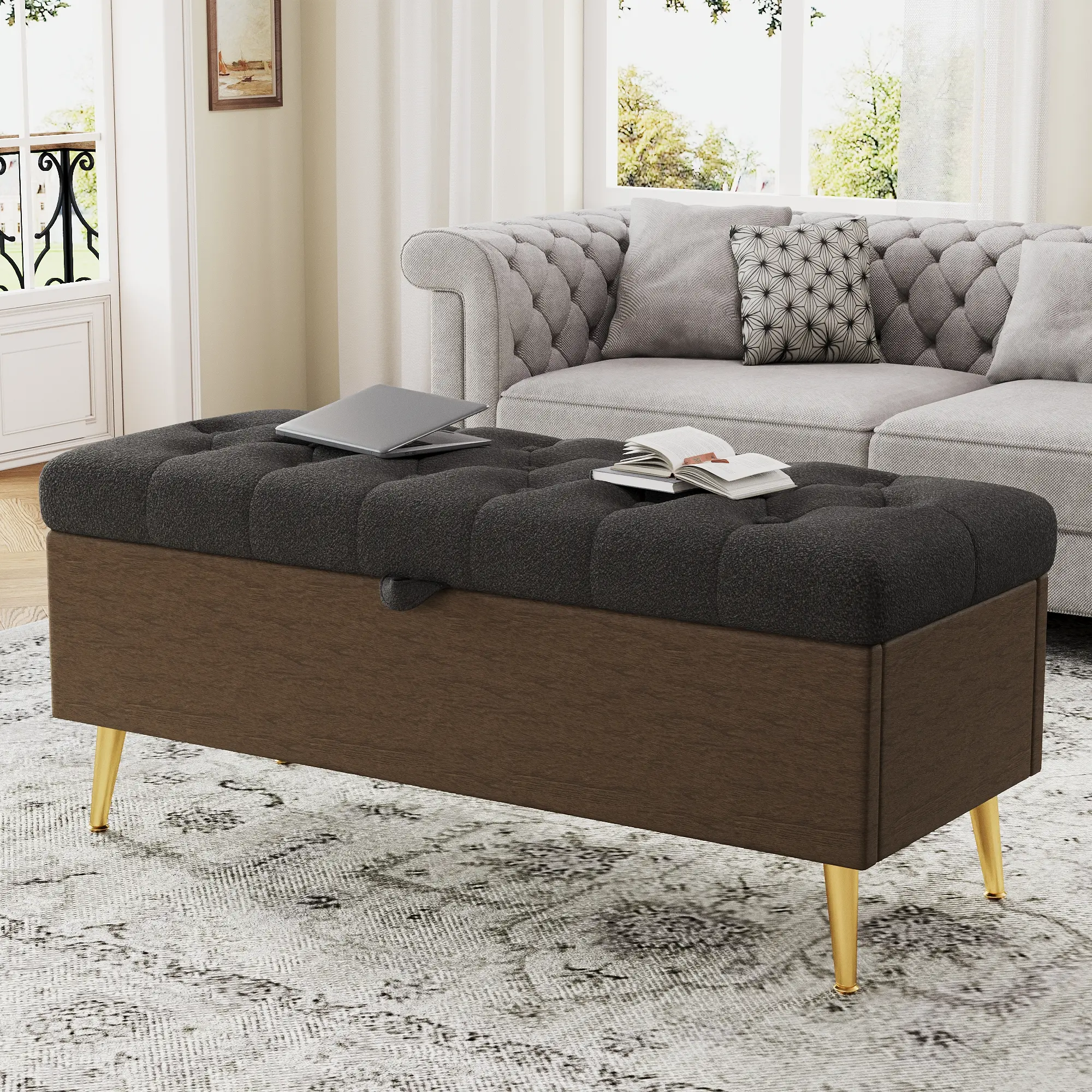 ARCH Modern Storage Ottoman Bench Upholstered Tufted Ottoman with Hidden Storage Compartment, Grey Fabric Entryway Bedroom Living Room Furniture, Multi-Functional Footrest Seat Organizer, 1-Piece Ottoman Bench, Home Furniture and Household Product,sohochi