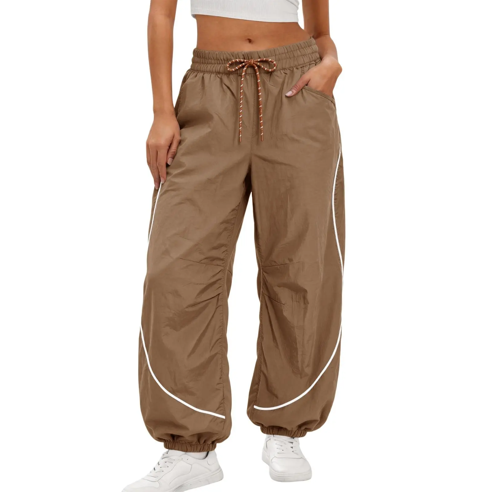 Aoysky Women's Urban Athletic Parachute Pants, High Waist Baggy Nylon Joggers with Pockets and Contrast Ankle Cuffs, Light Outdoor Activities, Street-Style Outings, Relaxed Fit