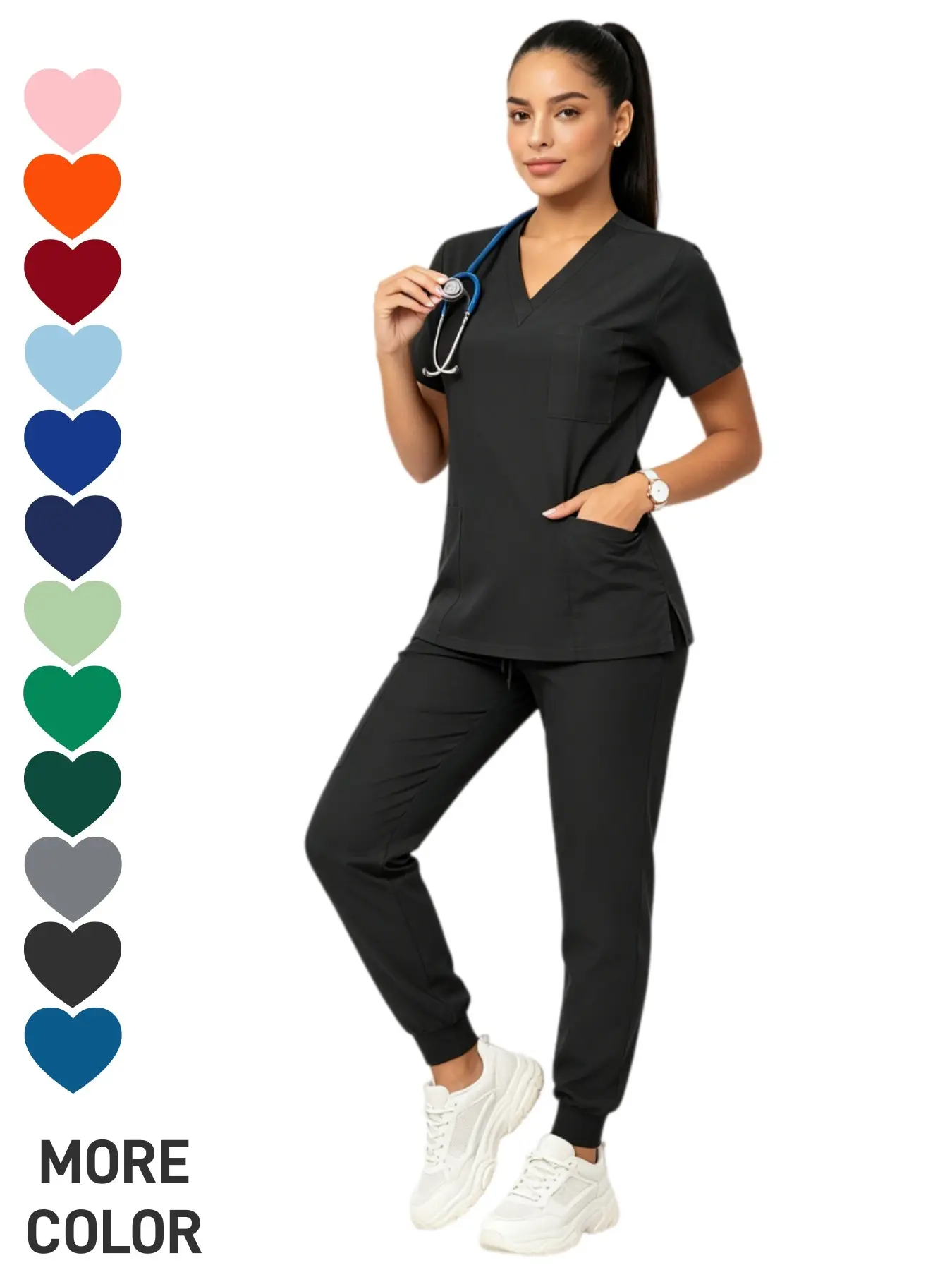 Soft High Elastic V Neck Medical Scrub Set, Workwear, Clothes With Large Functional Storage Pockets Breathable Sweat Wicking Stain Resistant Anti Wrinkle Easy Wash Uniform For Nurse Doctor Dental Vet Staff Hospital Working Daily Shifts