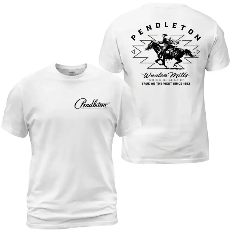 Women's Pendleton Woolen Mills Short-Sleeve Cotton T-Shirt - Cowboy Horse Graphic, 1863 Western Heritage Patriotic, Breathable Slimming Garment, USA-Made Everyday Casual Fit Fabric Top
