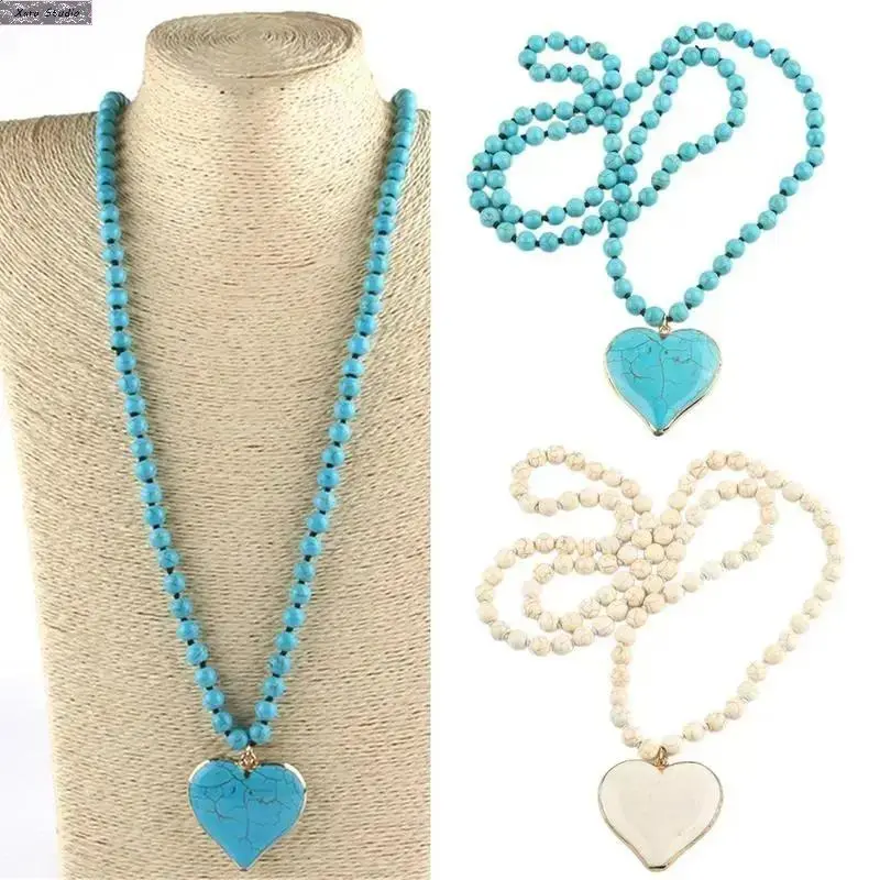 Women's Boho Turquoise Heart Beaded Necklace - Layered Chain Vintage Gemstone Pendant Jewelry, Coastal Cowgirl Style, Accessories for Women, Turquoise Jewelry, Summer Beach Vacation Wear, Heart Necklace, Vintage Gemstones, Beachwear