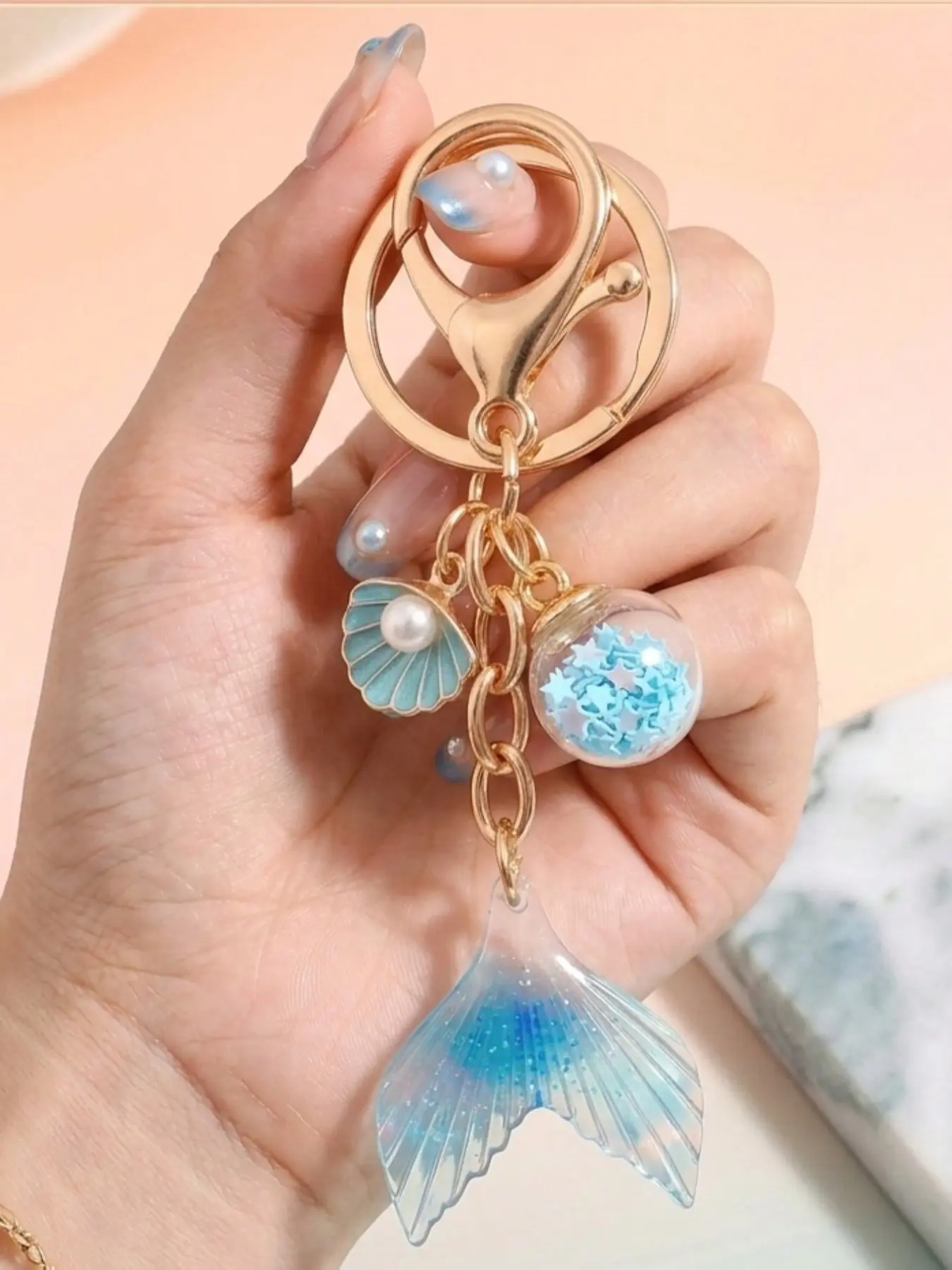 Dreamy Oceanic Blue Gradient Mermaid Tail Keychain, Alloy Shell Pearl Star Wish Bottle Pendant, Bag Accessory Gift