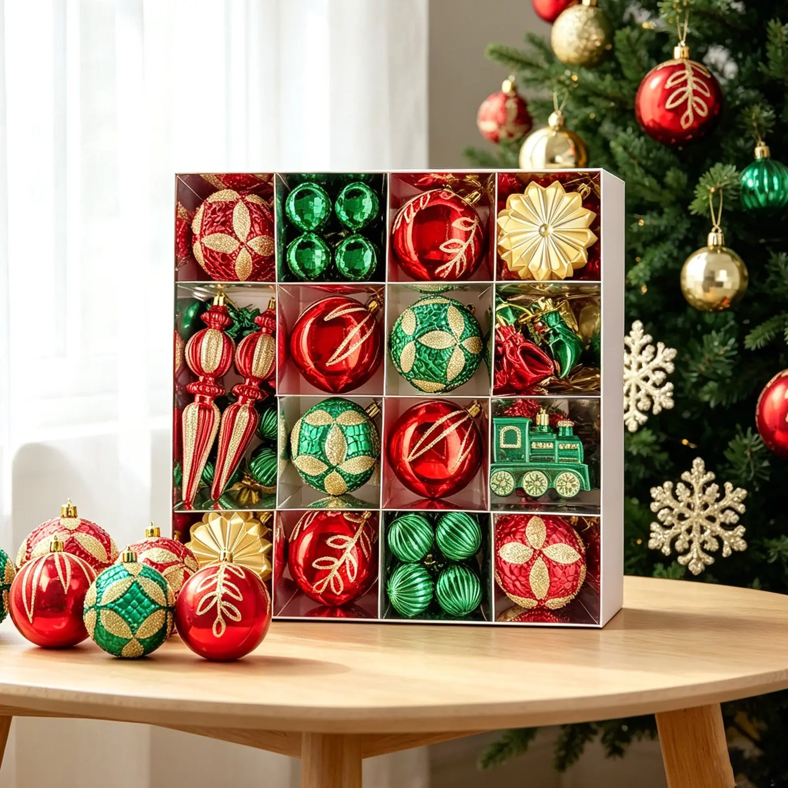 60pcs Christmas Decorations, Electroplated Plastic Balls, Train Head Snowflake Gift Set, Unique Painted Christmas Ornaments, Hanging Baubles, Festive Decoration, Holiday Decor
