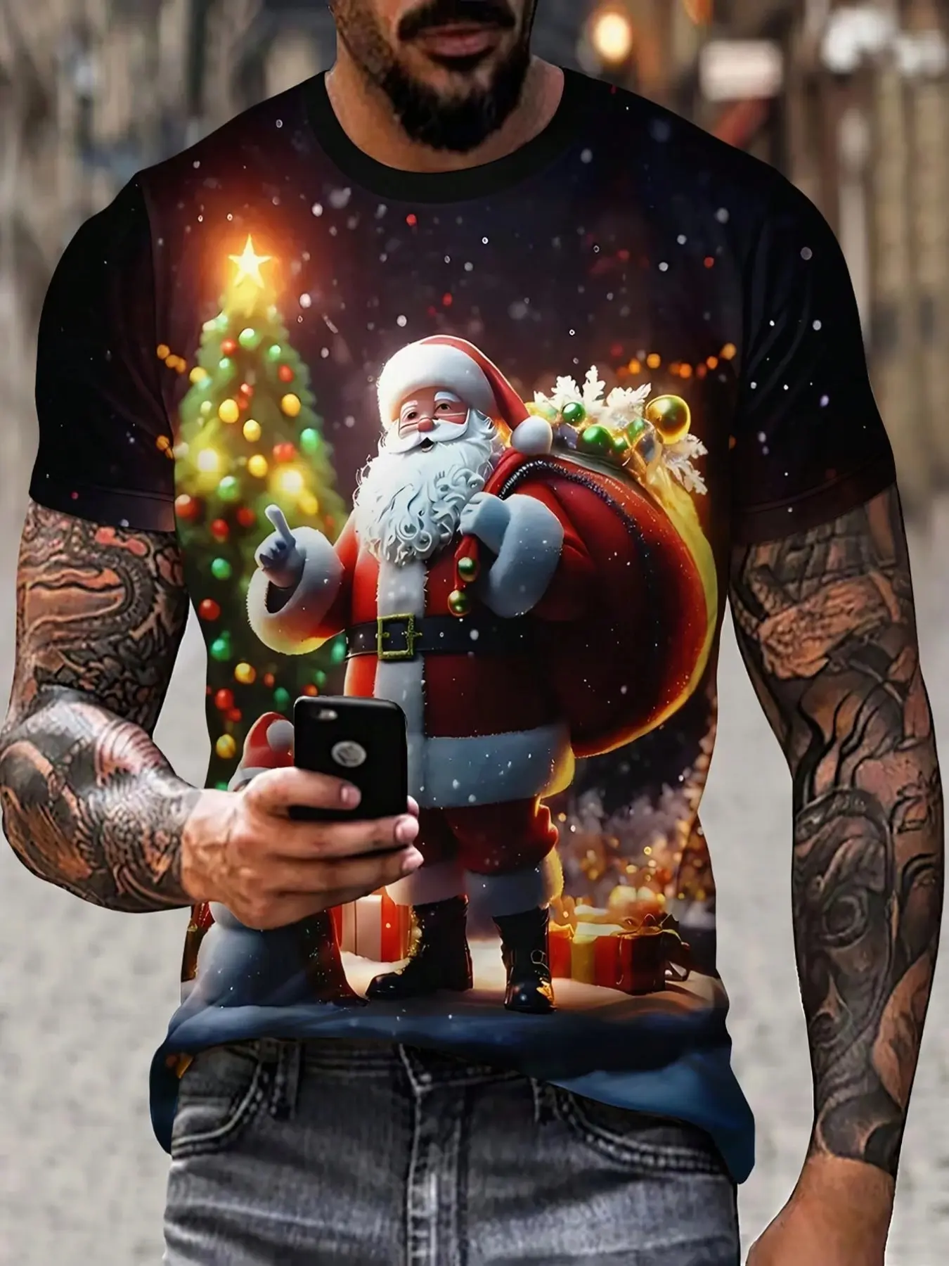 Men's Christmas Santa Claus Pattern T-Shirt, 3D Print Short Sleeve Casual Round Neck, Holiday Gift