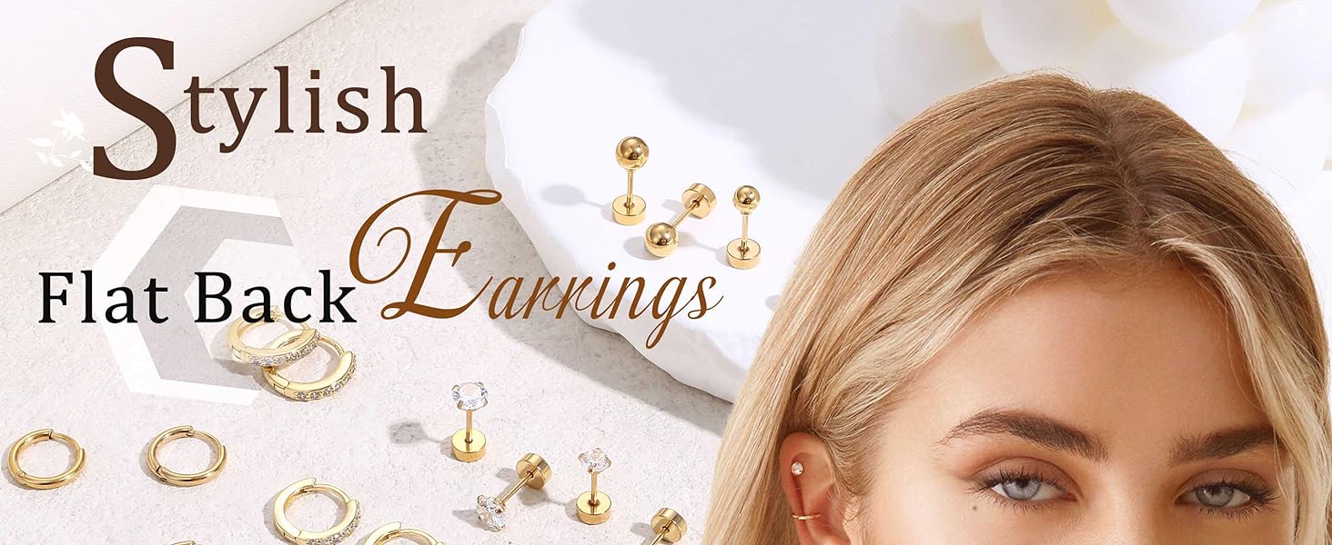 Jstyle 12 Pairs Hypoallergenic Surgical Steel Earrings for Sensitive Ears 14K Gold Plated Flat Back Earrings for Women Men Small Stainless Steel Earrings Flatback Stud Hoop Cartilage Earring Set for Multiple Piercing