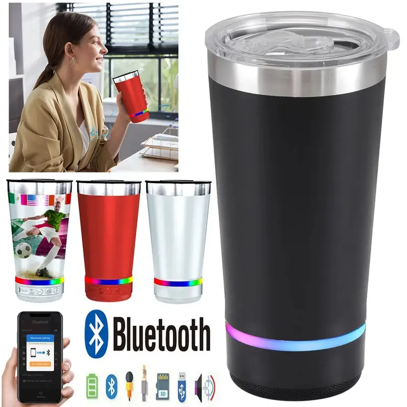Aston Digital Stainless Steel 16oz Insulated Mug with Built-in Bluetooth Speaker, Rechargeable Wireless Multi-color LED Lights, 16oz Multi-function Party Gift