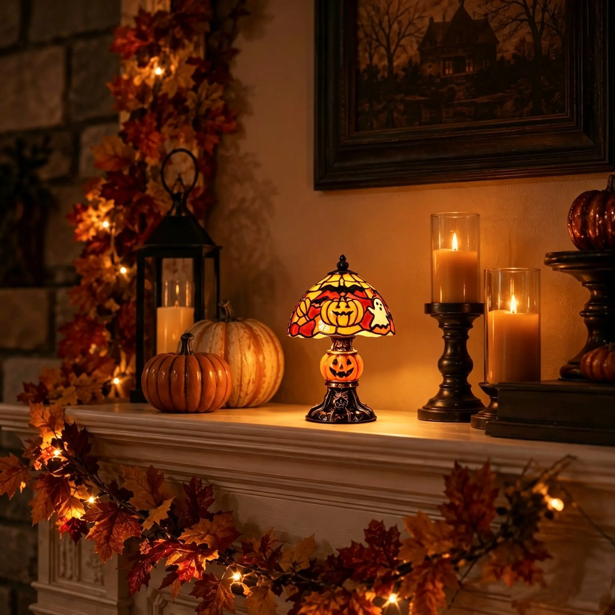Retro Pumpkin Bat Pattern Desk Lamp, Vintage Glow Night Light for Bedroom and Living Room, Cozy Halloween Decor Ideal Gift for Home, Haunted Vibe