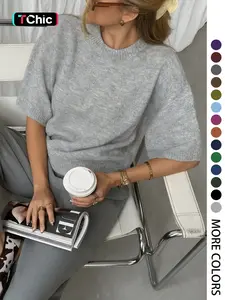 Spring Summer Women's Loose Casual Vacation Outdoor Knit Sweater, Round Neck Short Sleeve Pullover, Fitted Plain Top for Fall & Winter