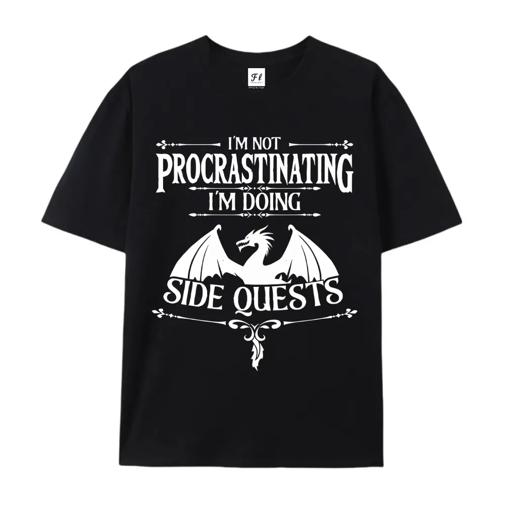 Unisex Black White Gothic Font Dragon Cotton Tshirt, Funny RPG Gamer Side Quest Meme Casual Streetwear Suitable For Game Night Hangout, Casual Daily Wear & Fantasy Con Outfit Men & Women