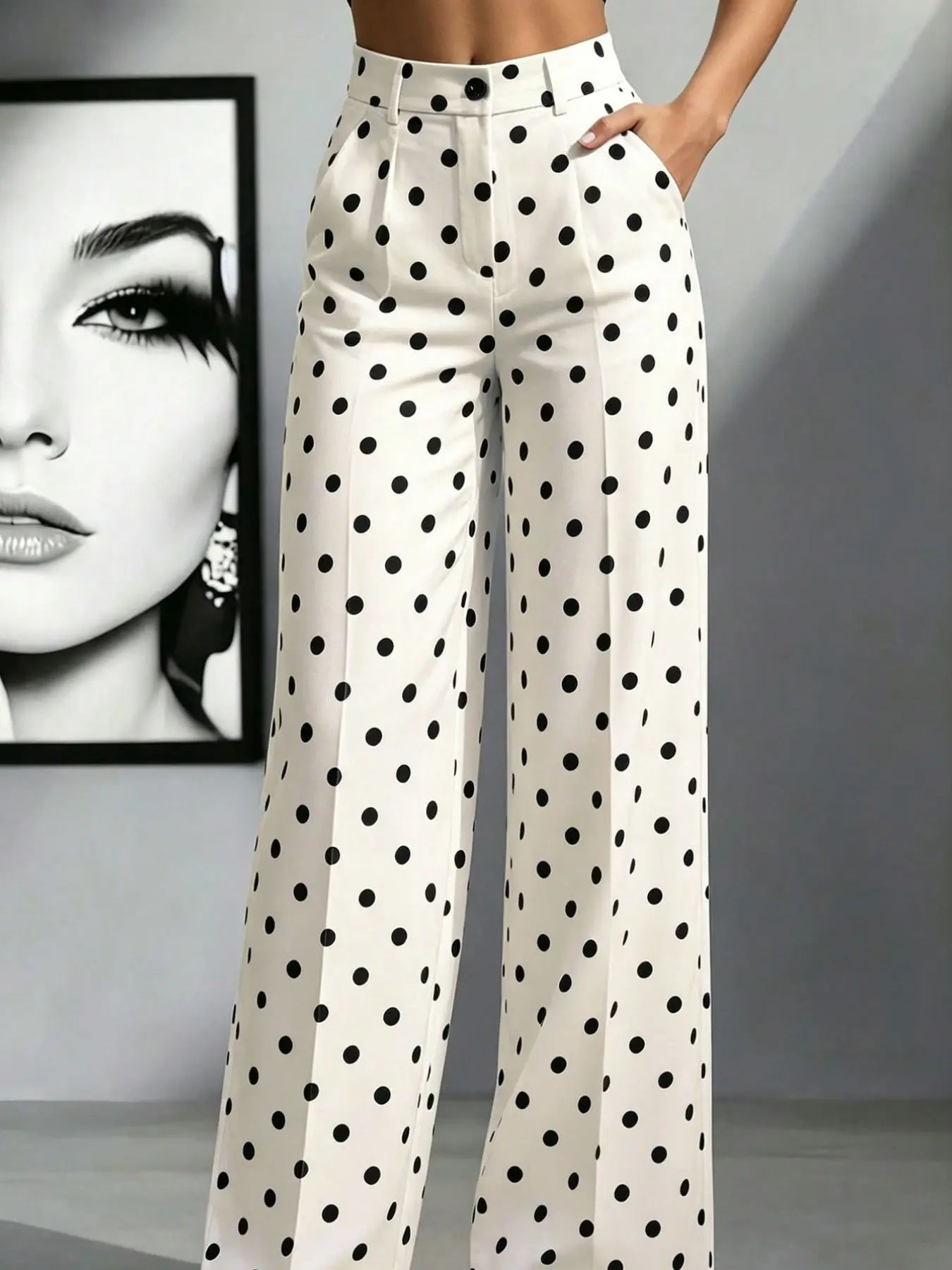 Women's Spring Summer Polka Dot High Waist Flowy Pleated Slim Fit Wide Leg Pants, Chic Casual Office Wear