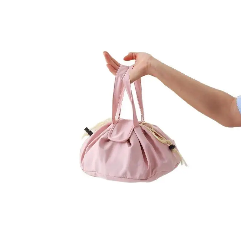 Minimalist Barrel-Shaped Large Drawstring Makeup Bag for Women - Adjustable Drawstring Closure, Durable & Practical Polyester, Foldable Portable Travel Toiletry Organizer for Daily Use & Travel, Plain, High-Capacity, Synthetic, Polyester Fabric, Cosmetic,