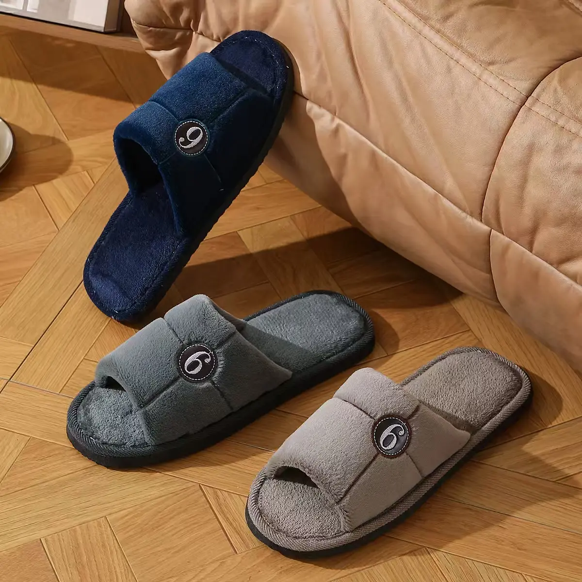 Men's Open Toe Soft Plush Casual Flat Slippers - Silent Slip-On Footwear, Fashionable Comfortable Indoor Slide Shoes, Shoe, Anti Slip Men's Fashion Slippers, Breathable Flex, Flat Sole