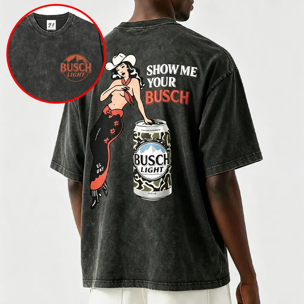 Vintage Washed Western Beer Graphic T-Shirt Show Me Your Bush Acid Wash Oversized Cotton Country Tee Unisex