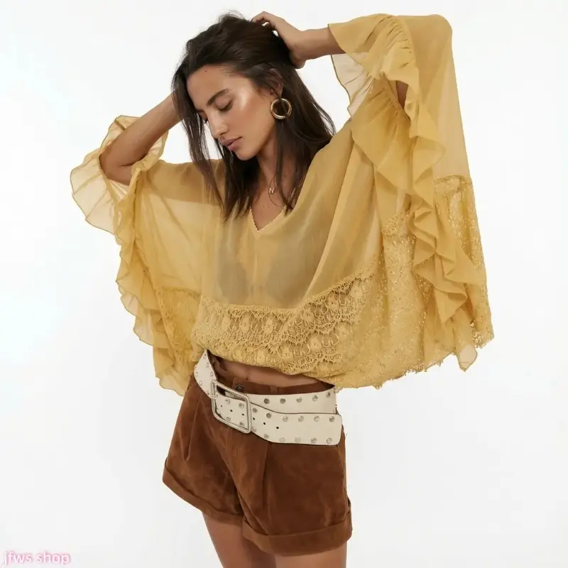 Women Chiffon Beach Cover‑Up, V‑Neck Lace Patchwork Loose Batwing Sleeve Cardigan, Lightweight Sun Protection for Beach Vacation