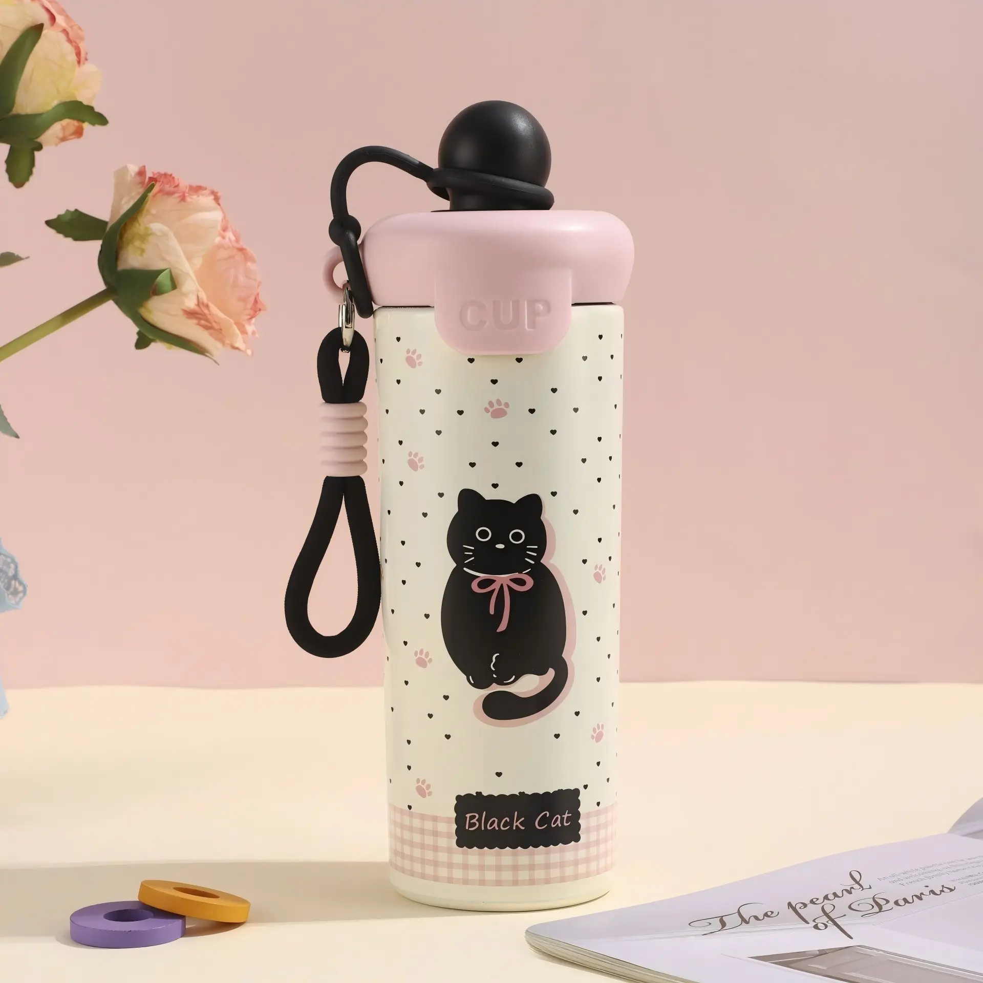 20oz Stainless Steel Vacuum Insulated Water Bottle, Cute Cartoon Print Leak-Proof Cup with Straw and Lid, Portable Drinkware for Students and Office Workers
