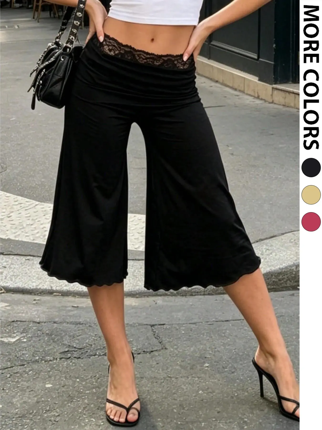 Lace Waistband Ruched Fold Over Capri Flare Pants With Scalloped Hem, Soft Stretchy High Waist Cropped Trousers, Trendy Slimming Bottoms, High Waisted Pants, Women Clothes With Multiple Colors