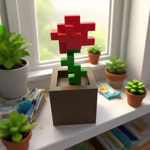 Pixel Rose Flower Decoration, 3D Printed Unique Floral Ornament, Plastic Flower for Nightstand, Desk, Office Decor, Holiday Gift