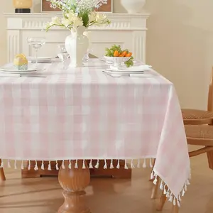 Pink and White Gingham Tartan Tablecloth - Rectangular 55x70in Washable Cotton Linen Rustic Classic Table Cover with Tassels for Birthday, Outdoors Kitchen Dining Use