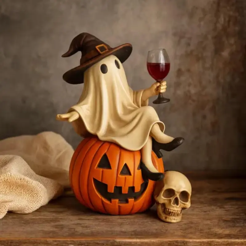 Ghost with a Wine Glass Halloween Resin Ghost Figurine Holding a Wine Glass Ornament Decorative Ornaments Party Decoration